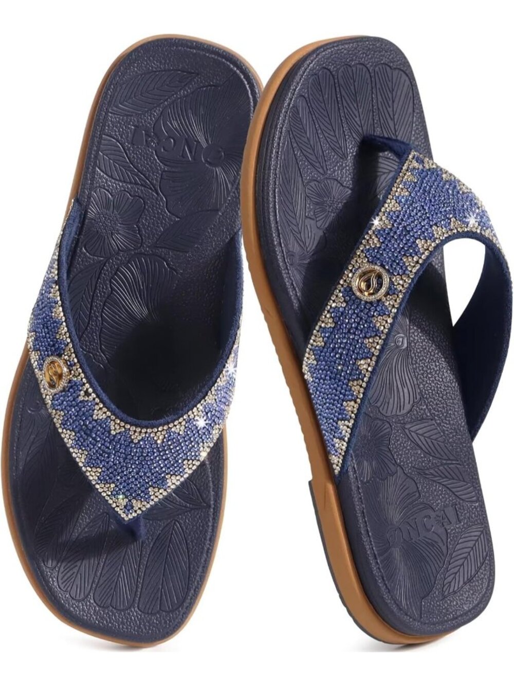 Women's Blue Flat Bedazzled with Sparkling Rhinestone Studded Sandals Casual